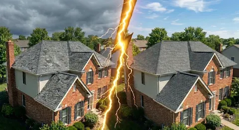 Illustration of a hail damaged roof beside the same home after replacement